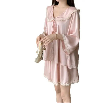 MQTIME  -  Women Sweet Solid Pajamas Sets Chic Loose New Summer 2025 Wide Leg Shorts Comfortable Home Wear Minimalist Suits